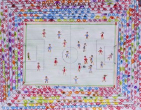 Children's drawing, naive illustration, soccer game in the soccer stadium, bird's eye view