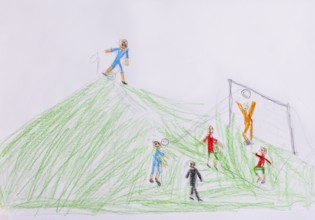 Naive illustration, children's drawing, children playing soccer in front of the goal