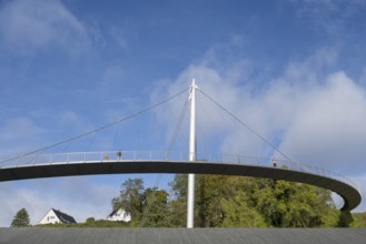 Footbridge to city harbor, rope bridge, suspension bridge, blue sky and clouds, Sassnitz, Rügen,