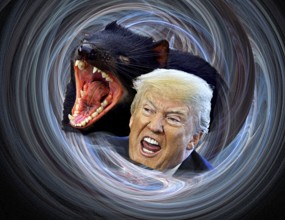 Symbolic image, Trump screaming in chaos with Tasmanian devil, political correctness, Ukraine,