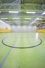 View of an empty handball court with goals in a large sports hall, Handball, Calw, Germany