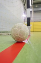 A handball is close to the goal in a sports hall on a playing field, handball, Calw, Germany