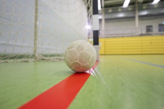 A handball is resting on a red stripe in a sports hall near the goal, Handball, Calw, Germany