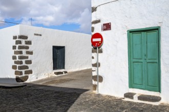 Typical white house with turquoise doors and windows, Teguise, Lanzarote, Canary Islands, Spain
