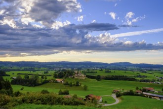 View of Oberallgäu with Sulzberg ruins, Oberallgäu, Swabia, Bavaria, Germany