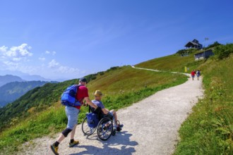 Hikers, wheelchair users, barrier-free access on the mountain, summit, on Hochfelln, mountains,