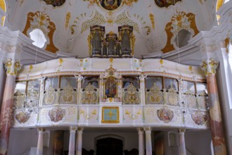 Ceiling fresco, and organ gallery, Church of Our Lady, Günzburg, Swabia, Bavaria, Germany