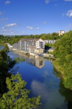 Old renovated spinning mill and dam, hydroelectric power plant on the Iller, Kempten, Oberallgäu,