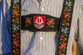Coat of arms, lederhosen, young people in traditional costume, celebration, party, lads club,