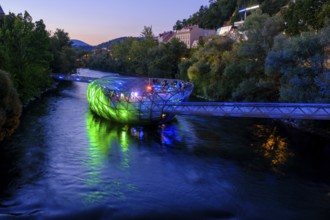 Murinsel, at dusk, architect Vito Acconci, river Mur, Graz, Styria, Austria