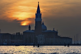 Silhouette of San Giorgio Maggiore church at sunset, Venice, Veneto, Italy