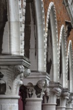 Arcades with figure capitals, from the historic market of Rialto, Venice, Veneto, Italy