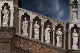 Sculptures of saints at Madonna dell'Oro parish church, Venice, Veneto, Italy