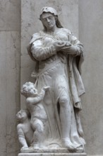 Male sculpture with two small children, Venice, Veneto, Italy