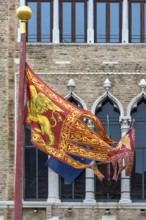 Waving flags of Europe and the Republic of Venice at Palazzo Zaguri, Venice, Venice, Italy