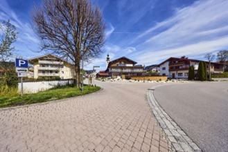 Alpine buildings, road, curve, church tower, parking lot, Alpenliebe Design Hotel, bare winter