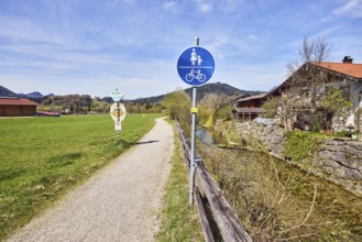Common footpath and cycle path, traffic sign, footpath and cycle path, river Rote Traun, riverbed,