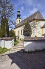 Church of St. Michael, parish church, wall with passage, stairs, lawn, path, trees, blue sky,