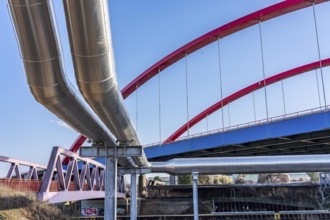 Iqony district heating pipes at the city port, crosses the Rhine-Herne Canal in Essen, A42 motorway