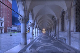 Arcade of the Doge's Palace early in the morning, Venice, Veneto, Italy