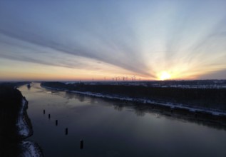 Drone shot, sunrise on the icy Kiel Canal, NOK, Kiel Canal, Kiel Canal, Schleswig-Holstein, Germany