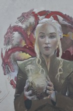 Mural Game of Thrones by CASE MacClaim 2016, Daenerys Targaryen with egg and dragon, ball, street