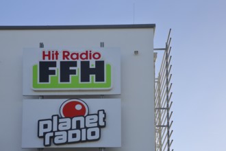 Hit Radio FFH building, inscription, radio station, emblem, planet, Bad Vilbel, Wetterau, Hesse,