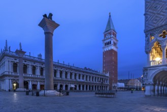 Empty St. Mark's Square with St Mark's Tower early in the morning, Venice, Veneto, Italy