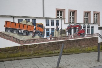 Mural construction by Jaune 2020, alleyway art, graffiti, excavator, dump truck, construction site,