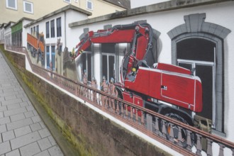 Mural Baubau von Jaune 2020, alleyway art, graffiti, balustrade, excavator, construction site
