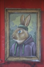 Rabbit mural by Guido Zimmermann 2014, street art, graffiti, rabbit figure with clothes, head,