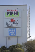 Hit Radio FFH building, inscription, radio station, emblem, planet, Bad Vilbel, Wetterau, Hesse,