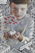 Mural by CASE MacAclaim and Millo 2023, street art, boy carrying apple tree in hands, protecting,