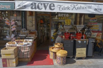 Traditional coffee and spice shop with roasters and baskets in the entrance area, Konya, Central