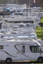 Motorhomes, parking, trade fair visitors spend the night in the exhibition car park P2, during the