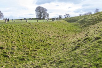 Earthwork bank and ditch, standing stones of prehistoric henge and stone circle, Avebury,