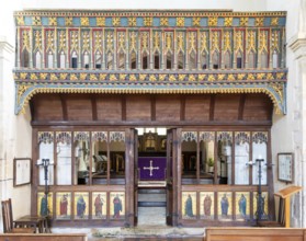 15th-century rood loft and rood screen inside village parish church of Saint James, Avebury,