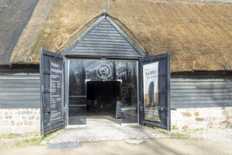 Visitor reception Great Barn entrance doorway, National Trust property, Avebury, Wiltshire,