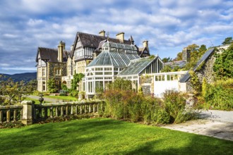 Autumn Colours over Bodnant House and Garden, Conwy River, Colwyn Bay, Conwy, Wales, UK