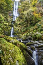 Autumn colors over Pistyll Rhaeadr Waterfall, Berwyn Mountains, Oswestry, Shrewsbury, Wales, UK