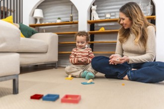 Mother and son sitting on the living room floor, sharing a joyful moment while playing with