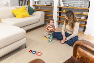 Mother and toddler sitting on the floor in their living room, engaging in educational play with