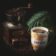 Coffee grinder and cup of coffee surrounded by coffee beans and leaves in the background