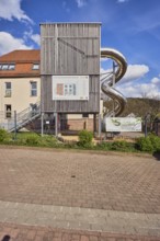 Kindergarten, slide, St. Michael Catholic Kindergarten, building, modern architecture, parking