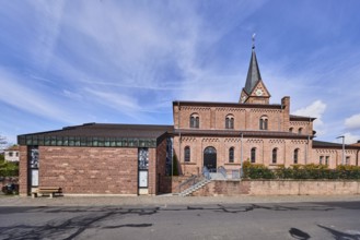 St. Michael church, parish church, Neromanic style, sidewalk, blue sky, cumulus clouds, cirrus