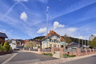 Town hall, maypole, sandstone wall, wooden fence, roads, commercial buildings, residential