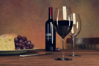 Still life with wine bottle glasses and grapes, 3D illustration