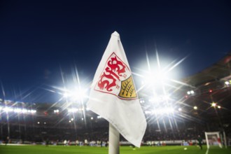 Corner flag with coat of arms, logo, VfB Stuttgart, floodlight, star effect, interior, feature,