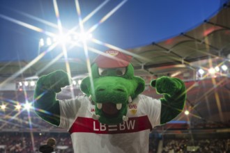 Mascot Fritzle VfB Stuttgart gesture, floodlight, star effect, interior, soccer UEFA Europa League,