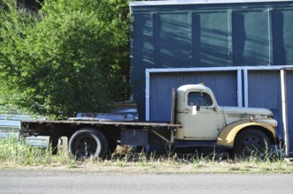 An abandoned old truck on the side of the road next to a green wall and trees, Mitchell, Oregon,